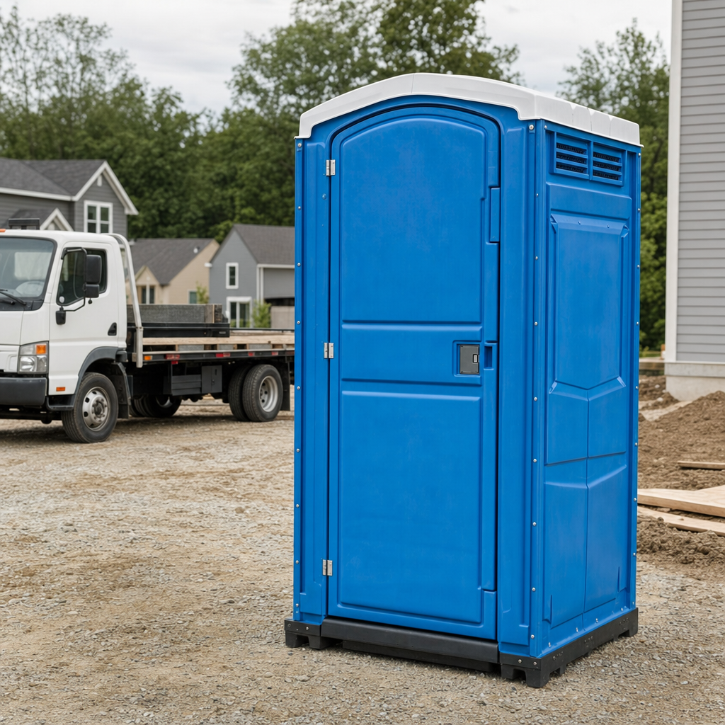 Delivery driver positioning a clean royal-blue portable toilet on level ground at a Wilmington worksite