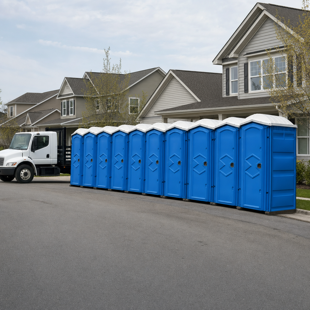 Royal blue portable toilets staged in a tidy row at a Wilmington jobsite, ready for delivery